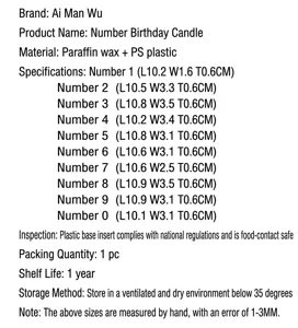 Digital birthday candle size chart and material specifications for 0-9 number party decor.