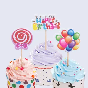 Cute birthday cupcake toppers set with happy birthday sign, lollipops and colorful balloons.