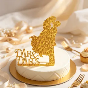 Topper per torta nuziale in acrilico glitter oro, decorazione torta con coppia danzante