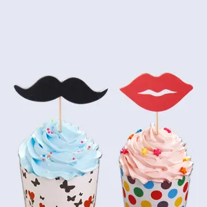 Cupcake toppers set with cute mustache and red lips designs for birthday party bakery decorating.