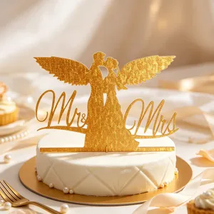 Topper per torta nuziale in acrilico dorato con elegante coppia di angeli e scritta.