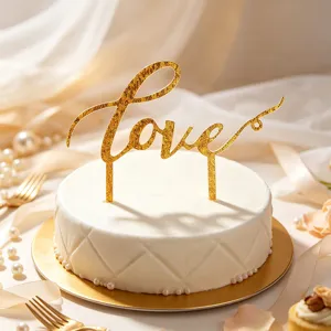 Topper per torta Love in acrilico dorato dettaglio, primo piano elegante dessert festa.
