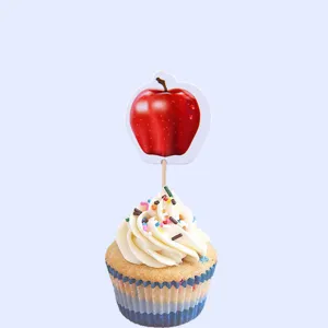Bonito adorno de cupcake de manzana roja con palillo para decoración de pastel de fiesta de cumpleaños