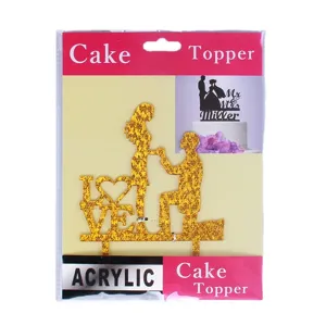 Topper de pastel de boda de acrílico brillante dorado para decoración de tartas de cumpleaños