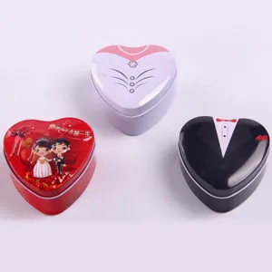 Heart-shaped wedding candy tin box set, creative chocolate gift box with romantic couple design.