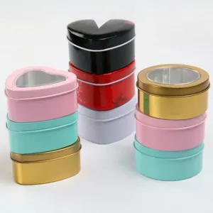 Metal tin boxes set, heart and round shape candy boxes with clear window for gift packaging.