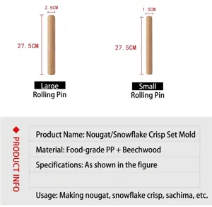 Rolling pin size and specification detail diagram for baking tools and mold sets.