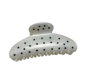 Elegant French style white hair claw clip with classic black polka dots for women daily wear.