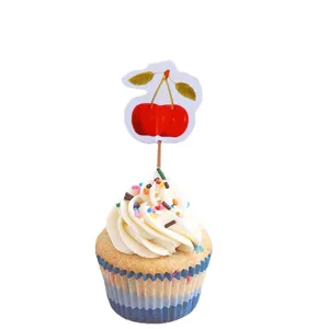 Bonito juego de adorno para cupcakes de cereza para fiesta, palillo de fruta de postre.