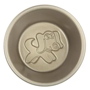 Gold non-stick aluminum alloy pudding cup cake mold with cute zodiac dog embossed design.