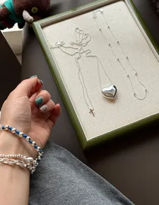 S925 sterling zilveren dikke hart hanger ketting gelaagde sieraden gedetailleerd overzicht
