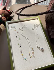 Prachtige S925 zilveren kleurrijke kralen ketting detailopname, modieuze trui ketting voor dames.