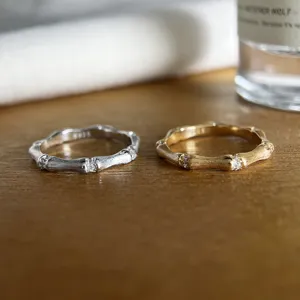 Ensemble de bagues bambou en argent S925, finition brossée élégante, bijoux de mode.