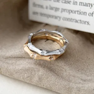 Set de bague double joint en bambou argent S925 texture rétro brossée bijoux femme