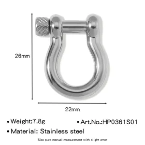 Vista dettagliata del grillo a U in acciaio inossidabile, dimensioni 26x22mm e peso 7,8g.