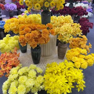Artificial silk chrysanthemum flowers, 3-head ping pong ball floral for wedding decor.