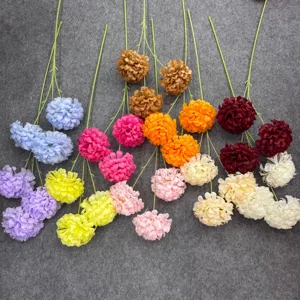 Artificial pompom chrysanthemum flower heads, multi-color silk floral arrangement details.