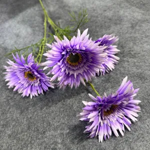 Detailed view of 4-head purple artificial gerbera daisy flowers with green leaves for wedding.
