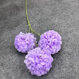 Purple artificial globe amaranth flower detail, 3-head silk chrysanthemum branch for home decor.