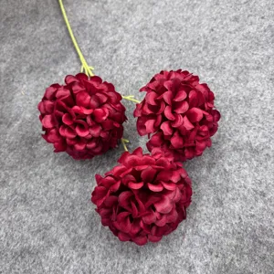 Detail view of 3-head artificial chrysanthemum flower featuring dark red ball blooms and green stems.