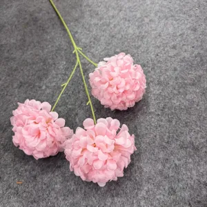 Artificial pink chrysanthemum flower branch 3 heads silk ping pong mum for wedding decor