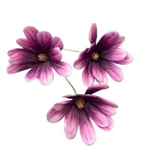 Fiori di seta magnolia viola artificiali a 3 teste per decorazione domestica e matrimonio.