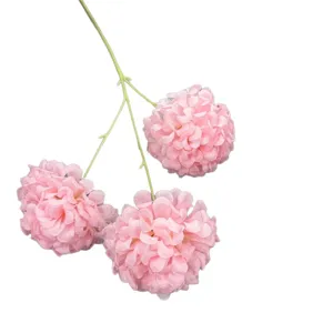 Artificial 3-head pink pompon chrysanthemum flower branch for wedding and home decoration.