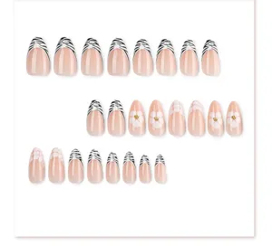 Almond press on nails set featuring French zebra print and floral design for daily wear.