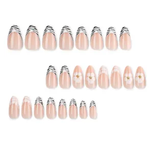 French zebra print press on nails almond false nail set with white flower and gold studs main
