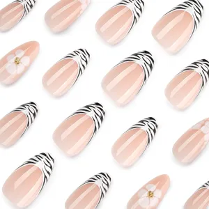 Minimalist French zebra print press-on almond nails with fresh floral design for women.
