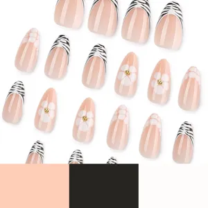 French zebra print press on nails almond false nail art tips with white floral design