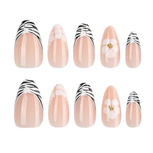 Press on nails almond shape with French zebra print and cute floral art design 10pcs