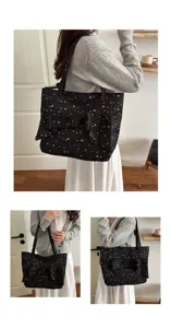 Borsa tote in tela con stampa di stelle nere e fiocco Y2K borsa a tracolla casual grande capacità