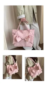 Borsa tote in tela rosa stile Y2K con fiocco e stelle, grande borsa a spalla casual donna.