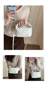 Chic white polka dot handbag and trendy cosmetic bag for women, stylish everyday crossbody.