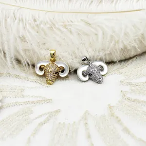 Detailfoto van DIY ramshoofd hanger met moederschelp hoorns en micro-pave zirkonia.