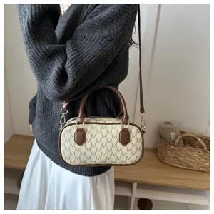 Retro Monogram Druck kleine Handtasche Damen Schulter Umhängetasche braun PU Rand
