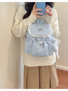Joli sac à dos à imprimé étoiles et volants en dentelle, cartable kawaii pour femme et fille.
