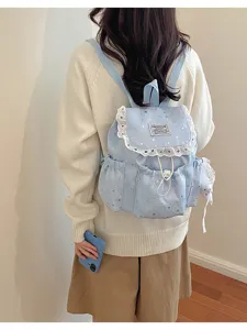 Joli sac à dos bleu clair imprimé d'étoiles avec dentelle blanche, sac d'école mignon pour filles.