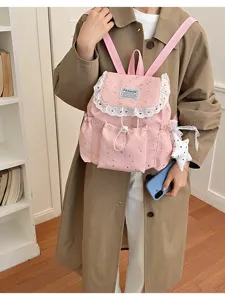 Sac à dos rose avec motif d'étoiles et jolie dentelle, sac casual élégant pour filles.