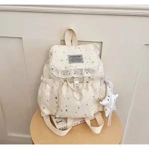 Sac à dos en toile mignon pour femme avec motif étoiles et dentelle, style doux quotidien