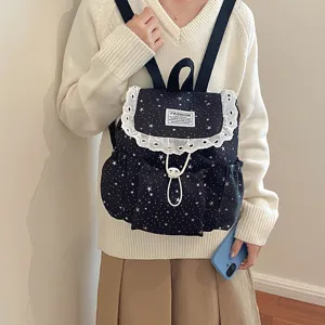 Sac à dos mignon imprimé étoiles pour femme bordure en dentelle douce sac d'école chic