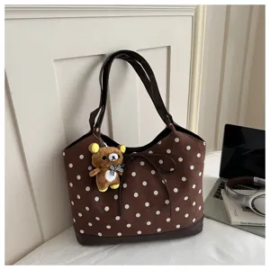 Borsa Tote in Camoscio Marrone con Pois, Borsa a Tracolla Casual Grande per Donna, Autunno.