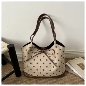 Borsa Shopper Pois in Camoscio, Borsa a Spalla Fiocco Marrone, Borsa Casual Grande Donna