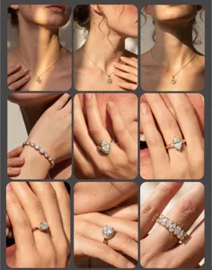 Nahaufnahmen von funkelnden Moissanit-Ringen, Halsketten und filigranen Armbändern.