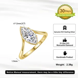 Eleganter 925 Silber Markise Moissanit Ring, 2ct Edelstein Schmuck Detailansicht.