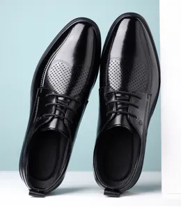 Men stylish black leather dress shoes formal lace-up pointed toe breathable hollow shoes