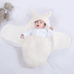 Detailed view of the thick newborn baby sleeping bag with cute bunny ears and anti-startle swaddle wrap design.