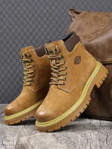 Men winter fleece-lined high-top Martin boots, retro British style casual work boots with thick sole.