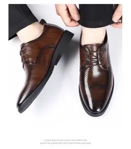Mens retro brown leather dress shoes hollow out lace up business formal pointed toe shoes